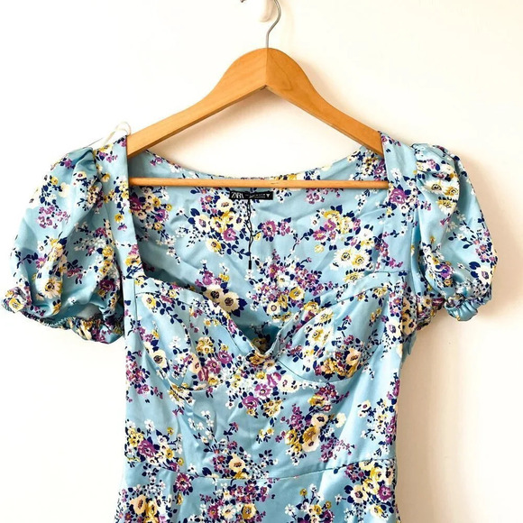 Zara Bustier Satin Effect Floral Mini Dress Puff Sleeve Sky Blue NWT Size Medium - Picture 10 of 13